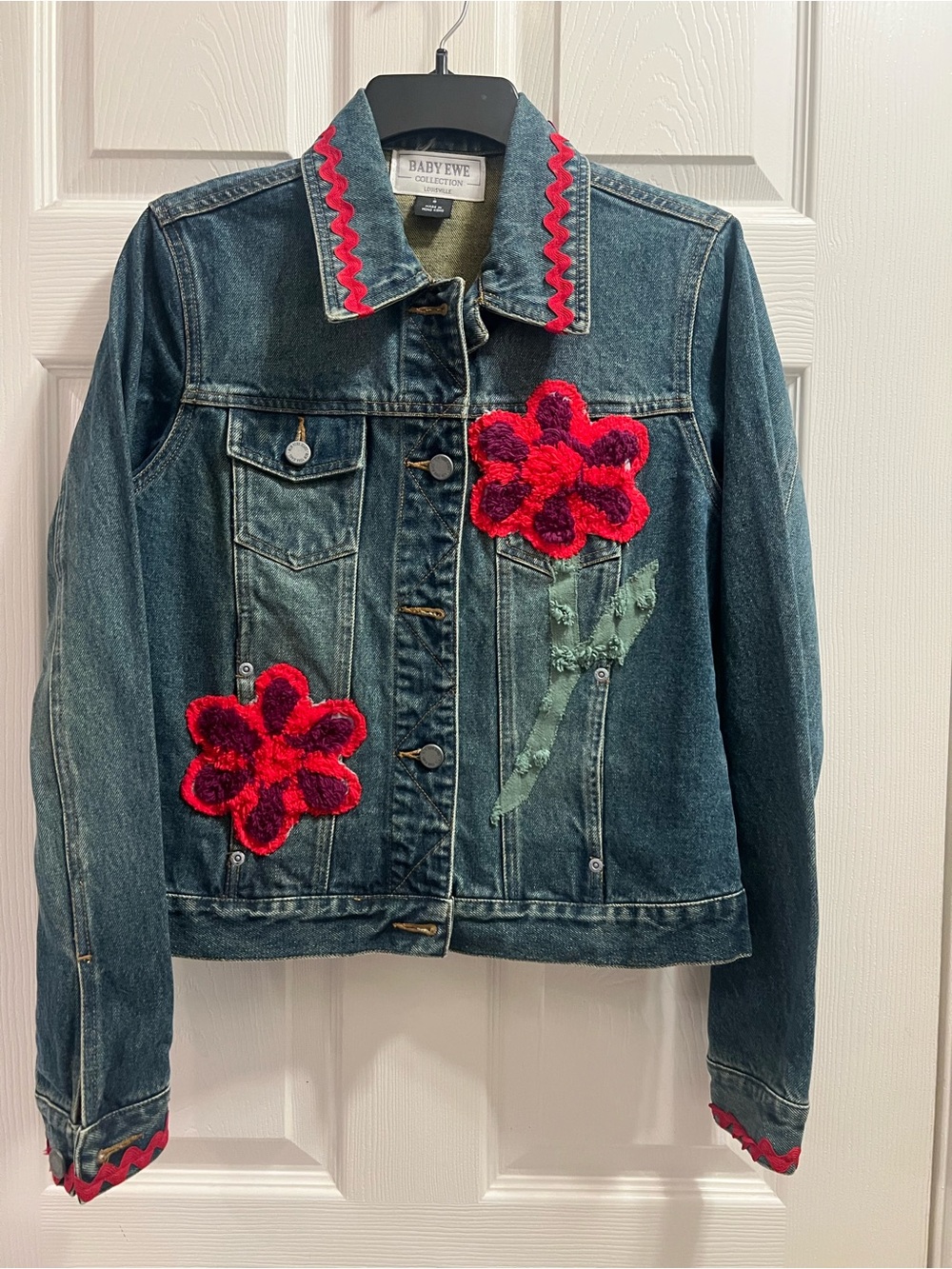 Dark Blue Denim Jacket with Red Flower Appliqués